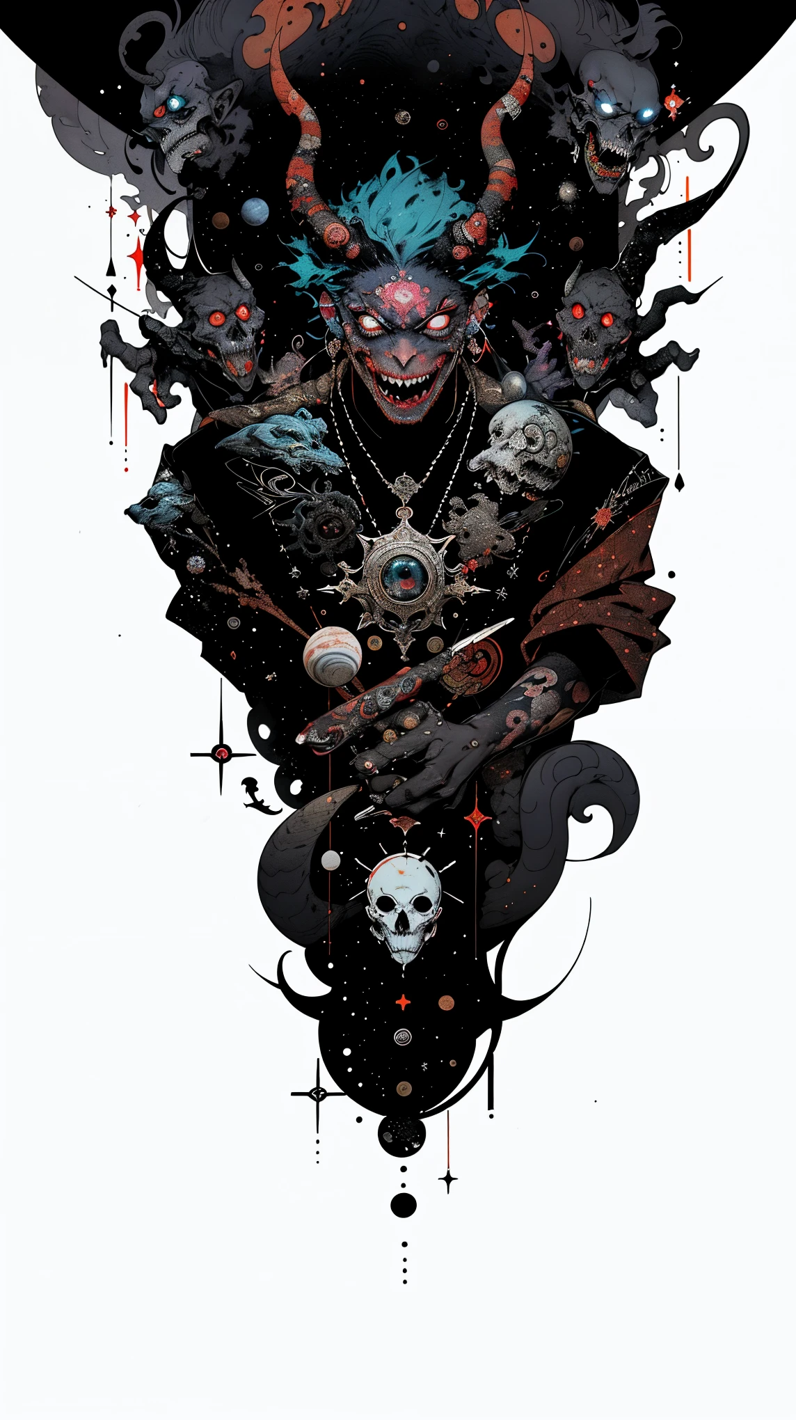 realistic, ( masterpiece , top quality, Better quality, official art, Beauty, atmospheric, cosmic, Gothic, psychedelic, dreamlike, horror, In the style of Tokyo Ghoul and Devil May Cry: 1.2), Very detailed , fractal art, showy, more detailed, tangled, ( abstract background : 1.5) (1 chico: 1.3), ghoul, the horns of oni, Long white hair, Hair, (Bright red eyes, Tons of tattoos and piercings), mysterious, (dark magic), hombre guapo, Japanese folk style