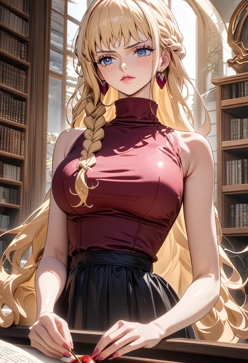 ANIME STYLE,  female character one piece ,, pink lips, Serene expression,  deep blue eyes like the ocean , Necessary, subtle freckles on the apple on the face,  BIG BREASTS, HD model,  High resolution , long hair , light blond hair,  braid hair that is over the right shoulder , Long FRINGE,  high neck sleeveless blouse in burgundy color  , shoulders exposed, long black skirt,  long gold waterfall earrings emphasized the delicate face. ,  background large glass windows and elegant book shelves 