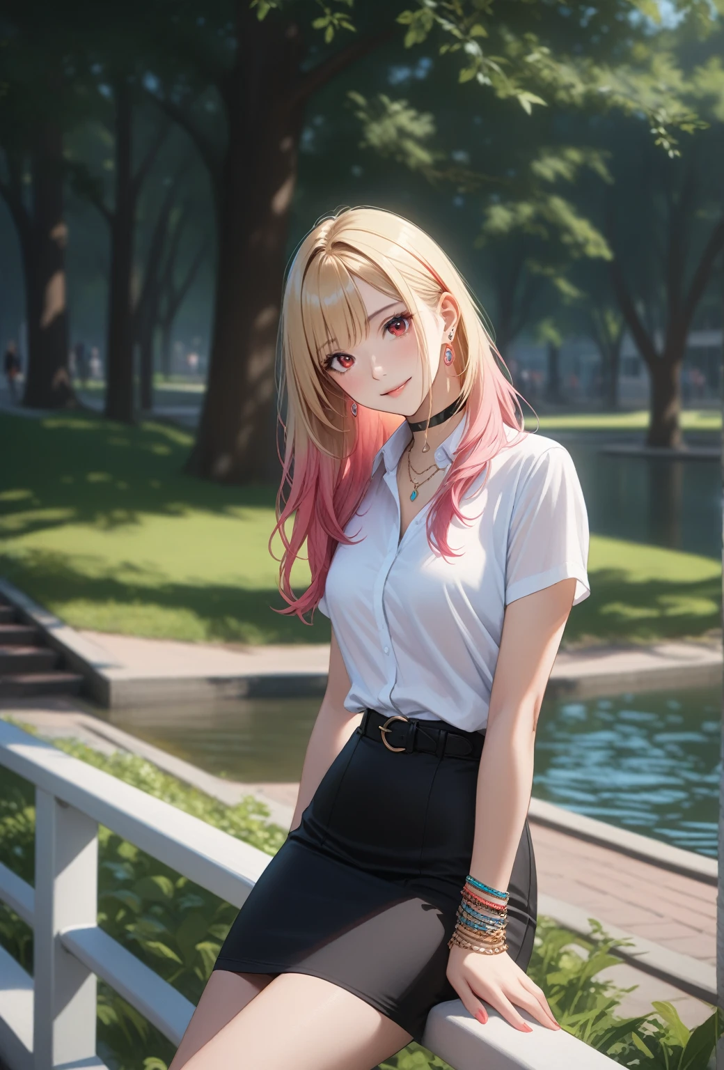 beauty young woman, (kitagawa marin, blonde hair, multicolored hair, red eyes, jewelry, piercing, earrings, black choker, necklace, choker, bracelet, pink ombre hair), smiling at campus, lakeshore, she wearing white short sleeve collared shirt, ((black pencil mini skirt with belt)), and heel sandals, BREAK, (1girl, solo, full body, looking at viewer), (best quality,4k,8k,highres,masterpiece:1.2),ultra-detailed,(realistic,photo-realistic:1.37),cinematic lighting,moody lighting,dramatic shadows,vibrant colors, (expressive eyes, perfect face, perfect anatomy)