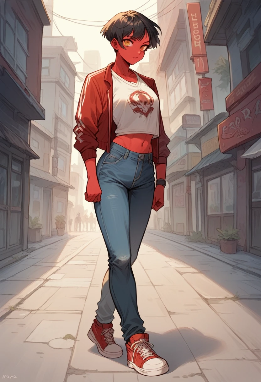 Redna comics,1 young woman, average and athletic build, 1m75 tall,red skin,average musculature, slim muscular, short black hair cut in a bob, amber eyes, hip hop streetwear clothing style,black baggy slim jeans, illustration ,full body, street in background