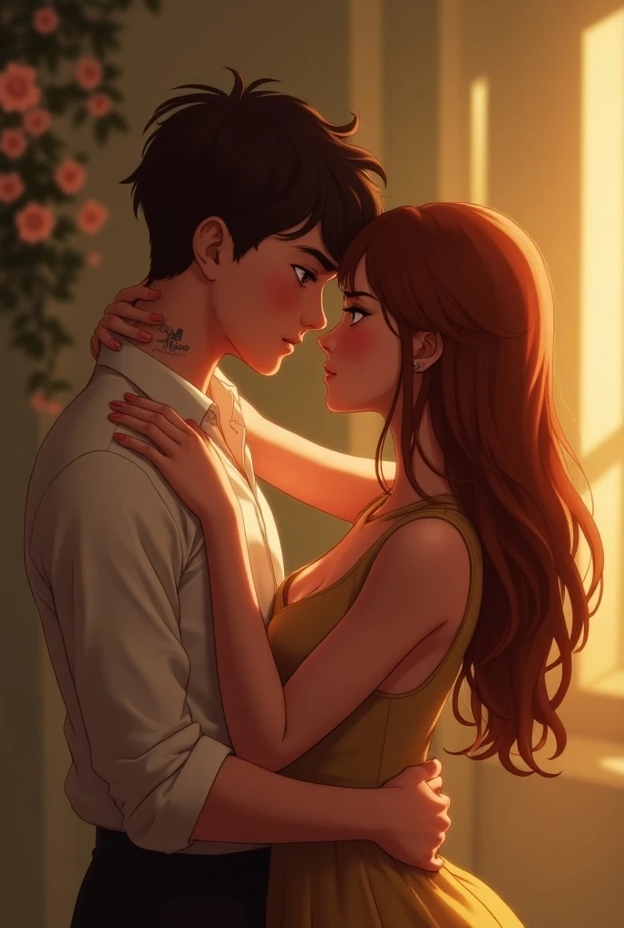 Un jeune homme chatain cheveux assez court avec un petit tatouage dans le cou qui embrasse sa copine au cheveux longs chatains, les deux ont les yeux clairs et sont fous amoureux 