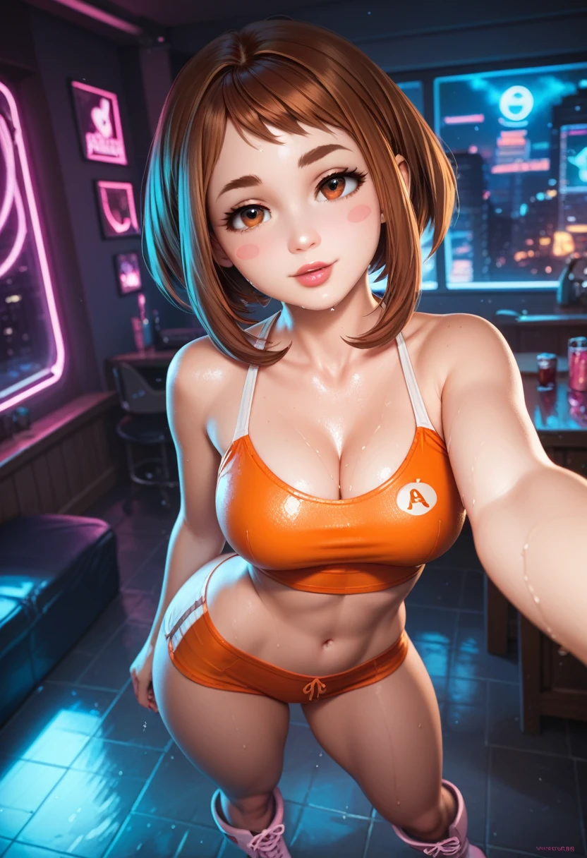 uraraka,  sexy orange swimsuit with neckline,thick thighs,white short top boots ,detailed face,short brown hair,lipstick,big chest, High resolution , cartoon style ,  vibrant colors ,brilliance,perfect anatomy,Selfie, Posing standing up,full body, half-closed eyes , Bottom:boat. sensuality, provocative,wet.