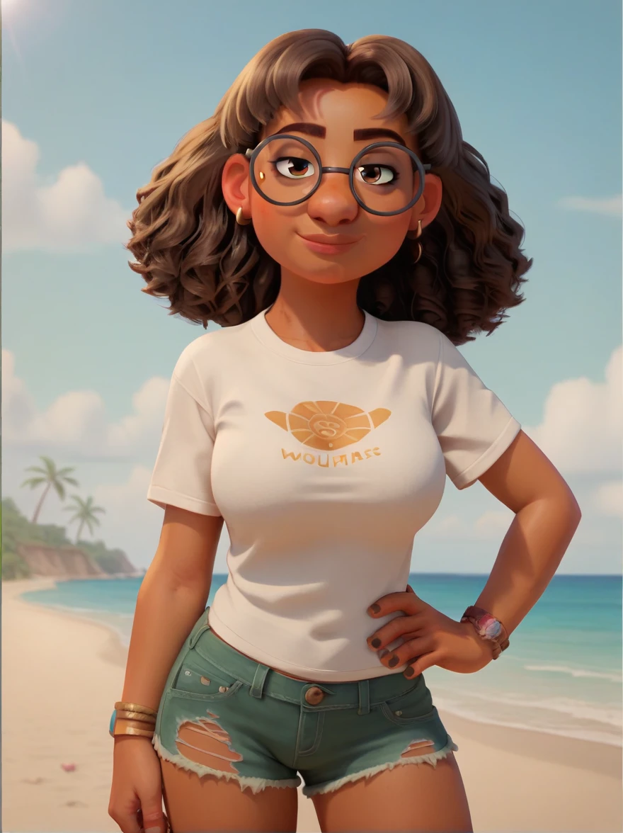  Priya, Glasses, shirt, earrings, 1 girl, Dark skin, Alone, Brown eyes, Brown hair, mujer de Dark skin,   score_9, score_8_up, score_7_up, score_6_up

1girl,  short shorts, torn t-shirt, 

cowboy shot, looking at viewer, solo focus, 

tropical island, beach, ocean,

large breasts, hand on own hip, smile