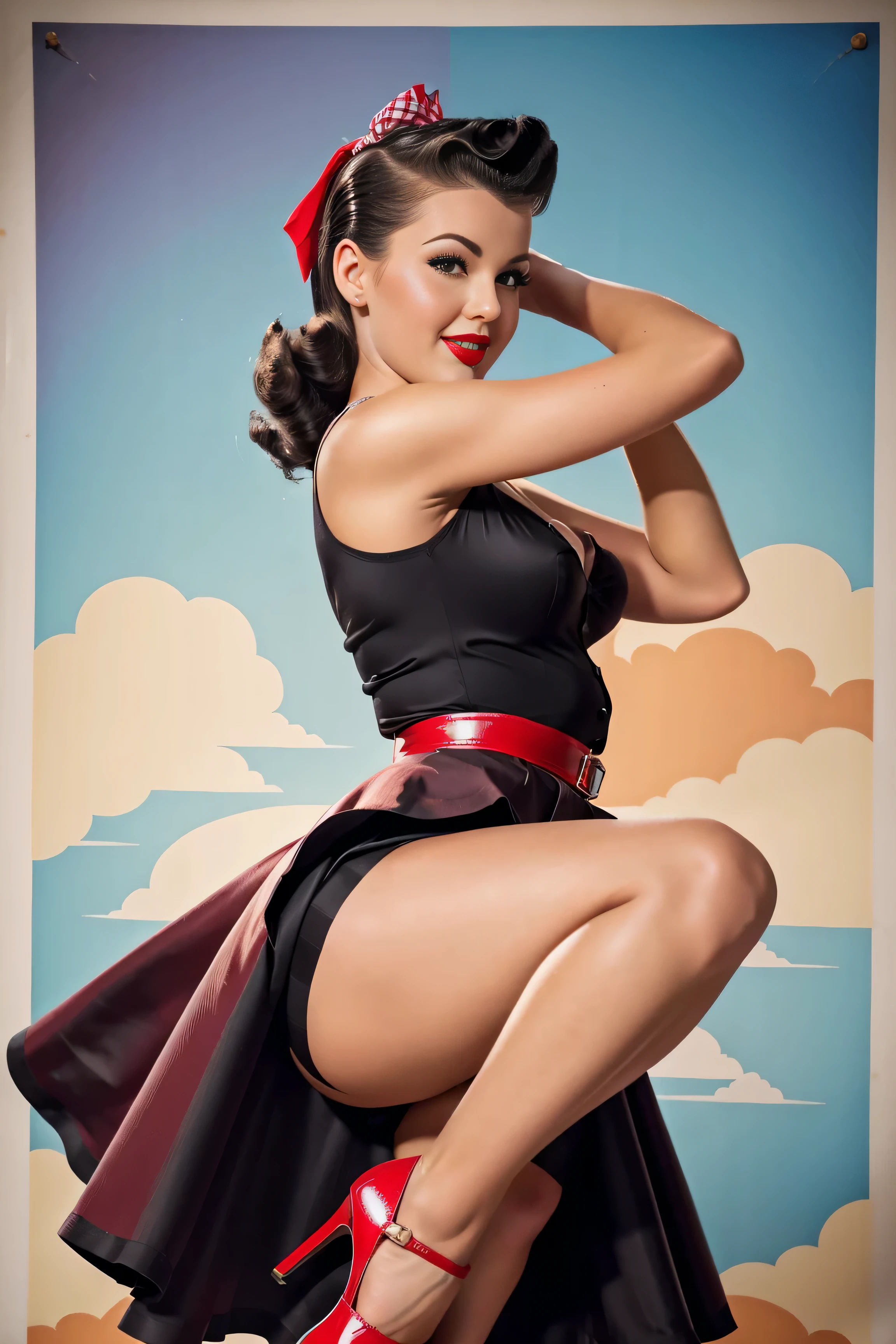 20 years old Girl waitress on roller skates, medium breast, shining skin, dramatic lighting, pin up style, sexy, surprised, , colorful , masterpieces, ilustrated, shining skin, detailed face, Medium breast. tight body. black hair, Illustrated BY Zoe Mozert,   pinup art byZoe Mozert,  vintage pin up, illustrated by Zoe Mozert, girl pinup, pinup girl, pin-up poster girl, pin up girl, pinup, pin - up girl, Detailed face, Detailed Hands, Detailed legs,