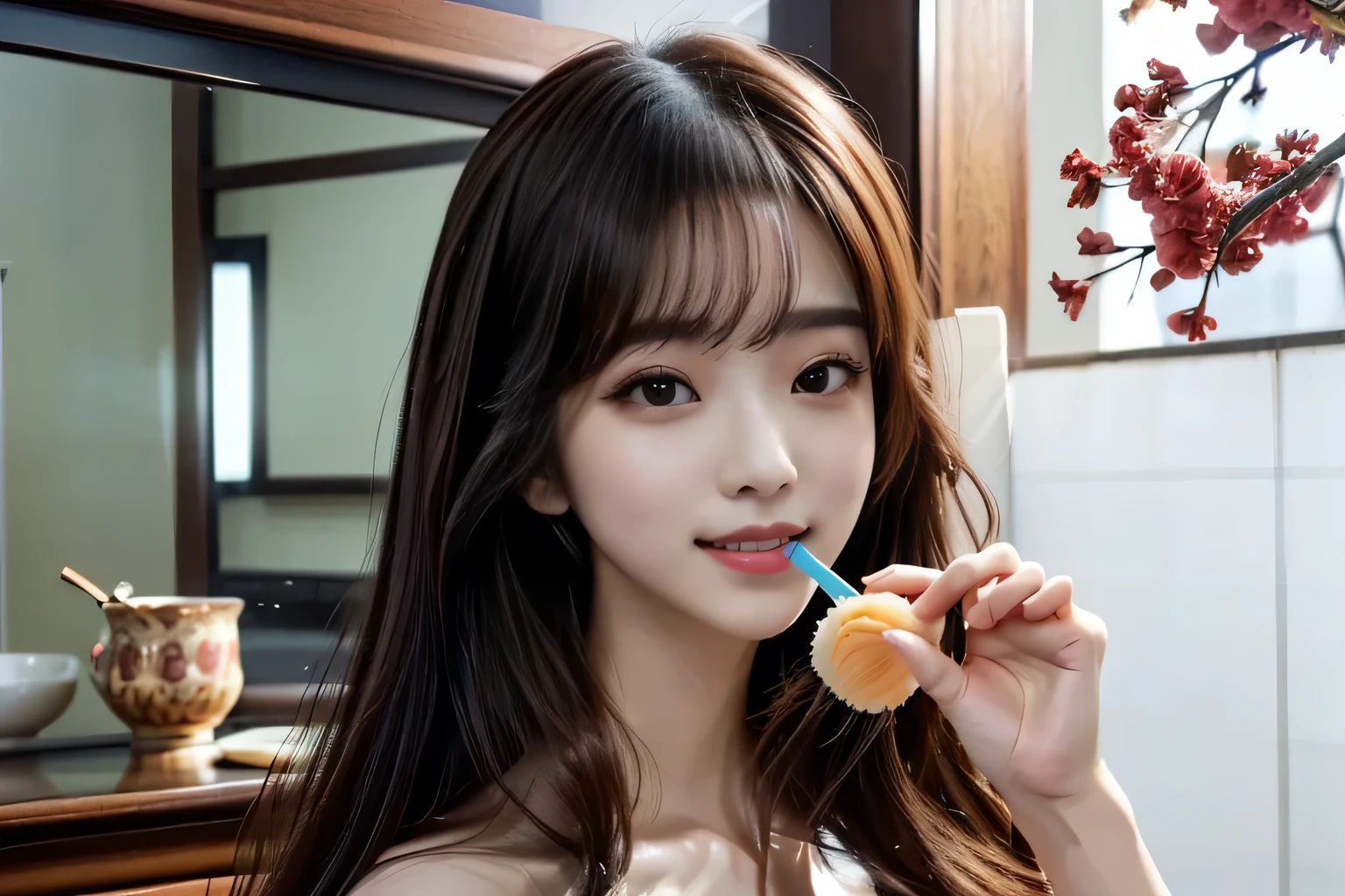 There is a woman brushing her teeth in front of a mirror, Large double eyelids、mascara, eyeshadow, , Japanese live-action films,  Dilraba Dilmurat , Peach and sesame style, Mukbang, Eat noodles, Inspired by Miwa Komatsu, shikamimi