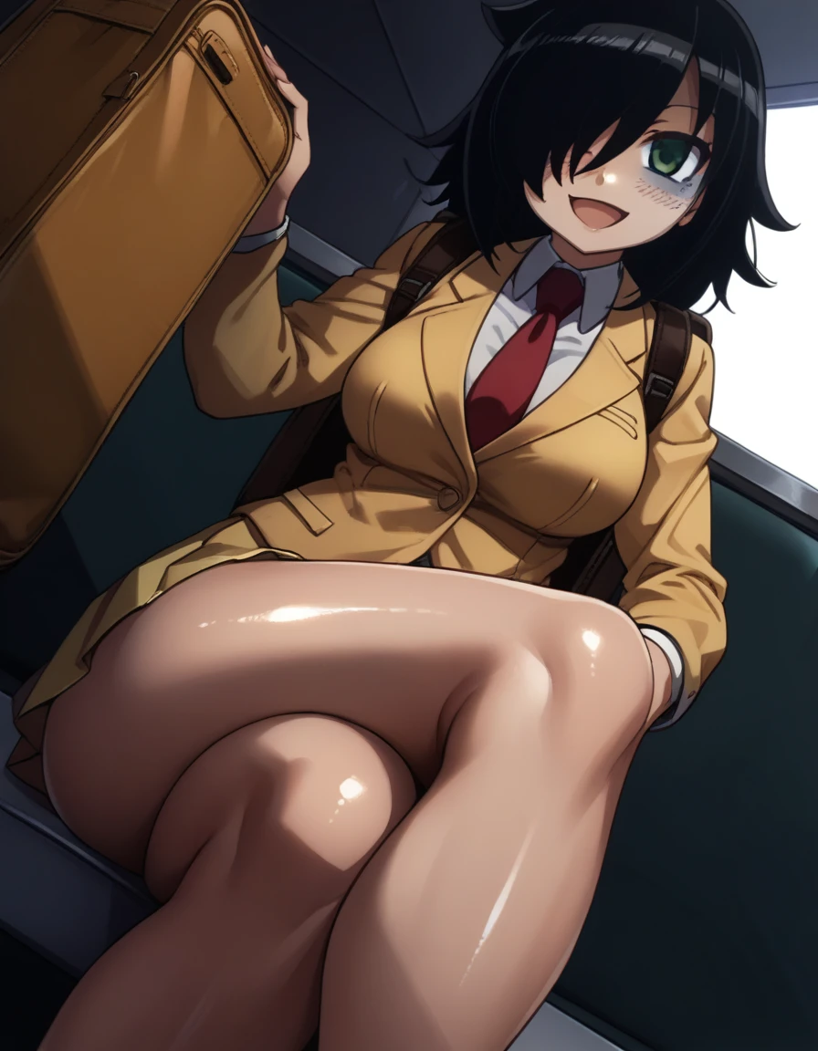 score_9, score_8_up, score_7_up,, solo, source_anime, tomokoxl, bags under eyes, hair over one eye black hair, medium hair, school uniform, red necktie, yellow skirt, mini skirt, micro skirt, short skirt , pleated skirt, yellow jacket, sitting, crossed legs, thick thighs, shiny skin, focus in crossed legs, underwear, white underwear, shiny underwear, lace underwear, white lace underwear, shiny lace underwear, panties, white panties, shiny panties, only crossed legs pose, sexy crossed legs, perfect crossed legs, sexy legs, oiled thighs, oiled legs, smile, open mouth, glowing green eyes, breasts, large breasts, voluptuous bust, toned breasts, cuvy breasts, round breasts, full breasts, backpack, leather backpack, brown backpack, focus in crossed legs, focus in legs, blushing, no shoes, cute feet, cute legs, headphones, blue headphones, Beats Studio headphones, blue Beats Studio headphones, Dutch Angle, From Below, Anime, proportionate legs, moderate lenght legs, relaxed pose, defined thighs, natural knees, curvy legs, rounded and full thighs, crossed legs, 2 legs, normal legs, human legs, legs crossed while sitting, symmetrical knee highs, equal-leght knee highs, voluptuous thighs, smooth skin, prominent thighs, voluminous thighs, toned thighs, toned legs, sculpted thighs, defined thighs, glossy legs, glossy thighs,