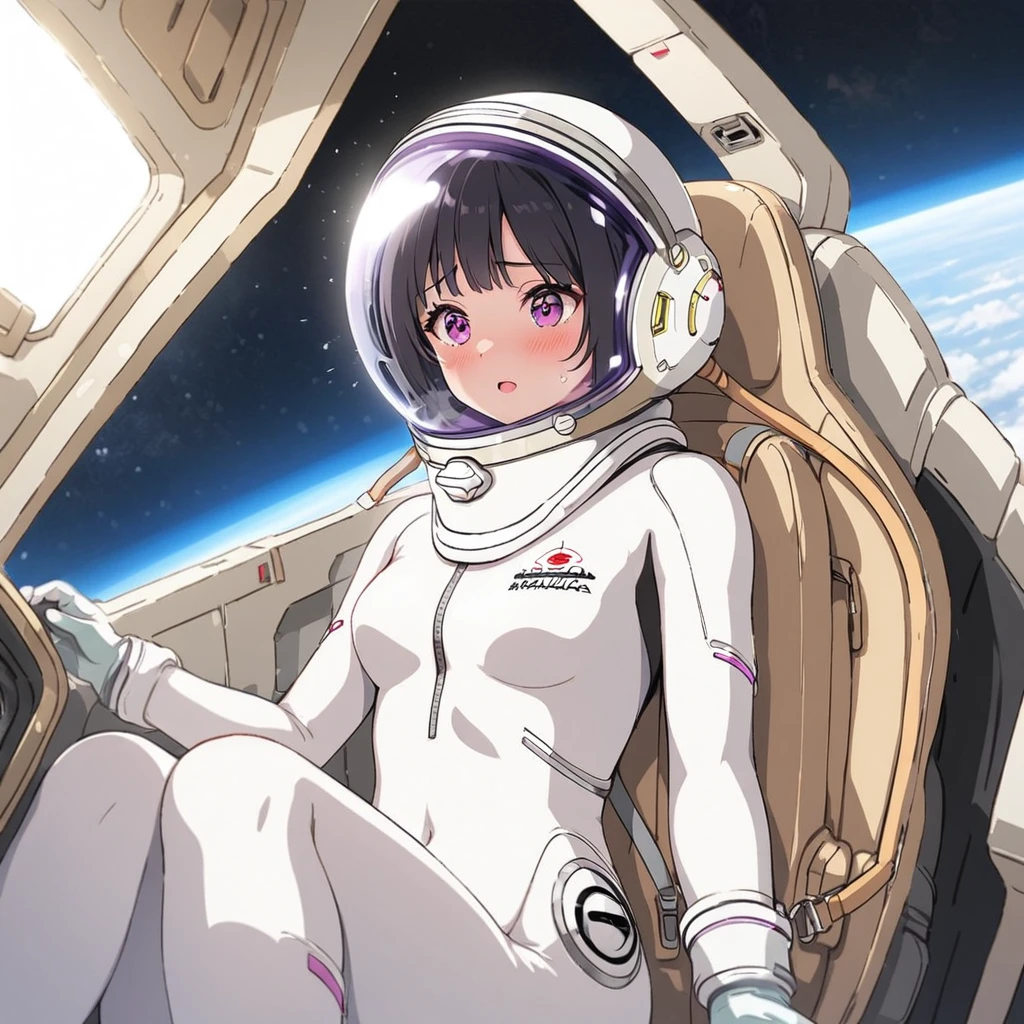 1人of女of子,Alone,short hair,(Space Suit:1.15), Black Hair Space Helmet ,whole body, indoor, masterpiece of the highest quality,  trembling, difficulty breathing, bodysuit,Lumine ,  Bubble Helmets , short hair,  backpack,gloves,blush,internal (cockpit) of (Futuristic spaceship:1.6), Sitting on narraw futuristic spacecraft cockpit seat, Covered navel, short hair