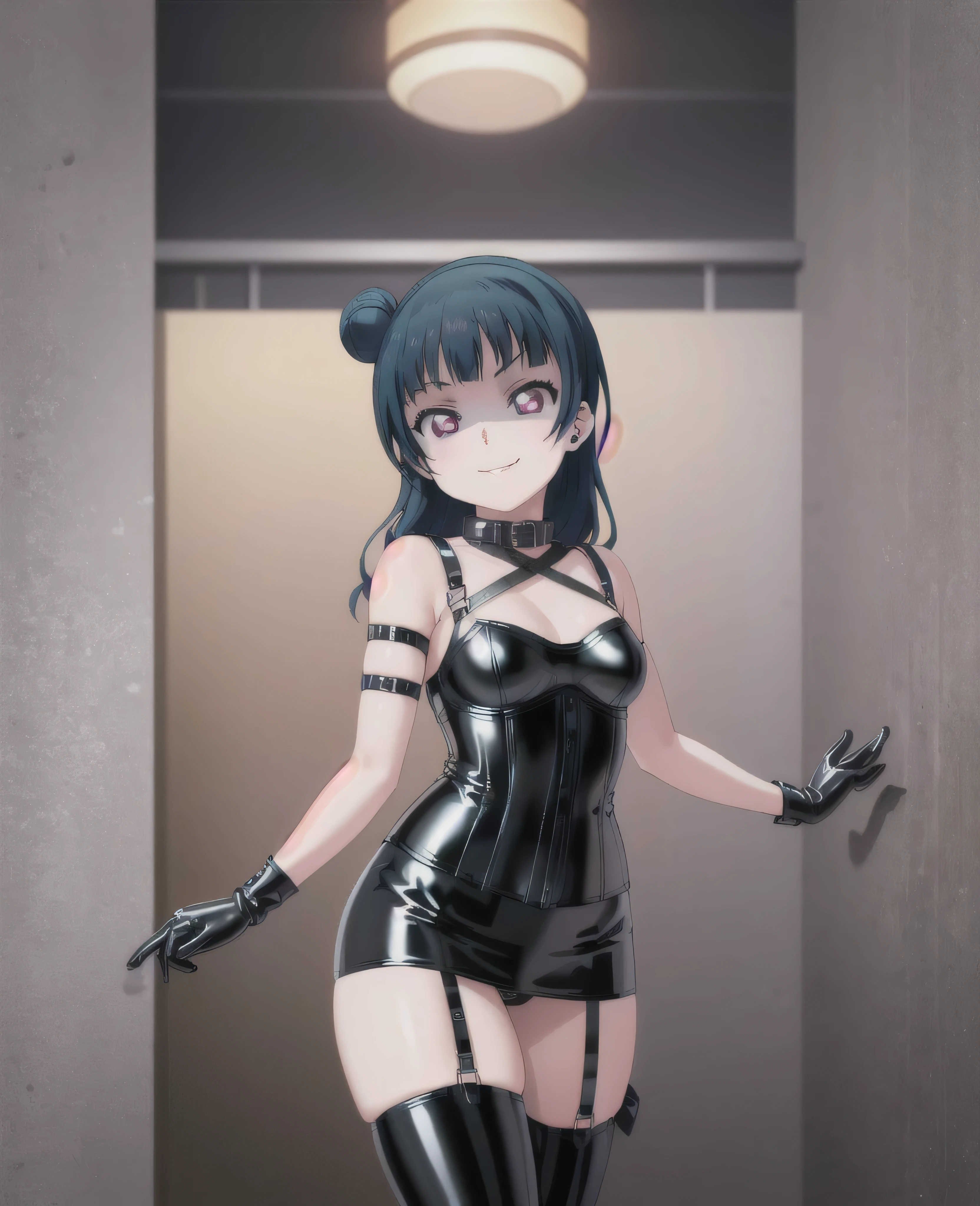 (masterpiece, best quality), 1girl, solo, Yoshiko Tsushima,black latex,evil smirk, ,aura(black and purple)background,ruins,(((corset dress with shoulder straps)))、(((Black latex tight mini skirt:1.4)))、(((Black Thigh Boots)))、Stiletto heels、(((Black latex panties)))、(((Black latex bra)))、(((Black leather collar)))、bdsm,queen,Black Light Art,