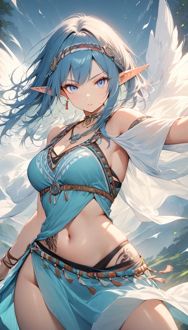 1girl, dancer, <lora:DancerV1:1>,large breasts, elf,blue_hair, standing, midriff, hand in own hair, water,