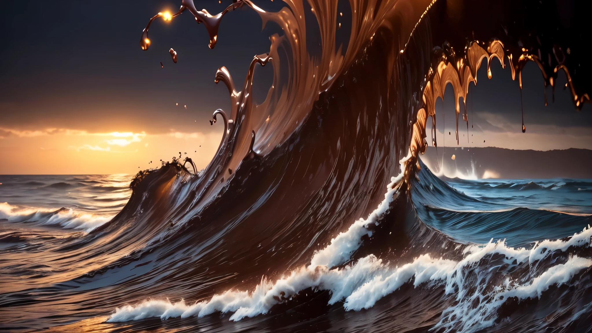 ocean of chocolate, choppy waves of chocolates, rich chocolate waves, flowing chocolate sea, chocolate landscape, chocolate ocean, chocolate waves crashing, detailed chocolate ocean, hyperrealistic chocolate waves, photorealistic chocolate sea, (best quality,4k,8k,highres,masterpiece:1.2),ultra-detailed,(realistic,photorealistic,photo-realistic:1.37),intricate chocolate texture, luxurious chocolate swirls, silky smooth chocolate, decadent chocolate flow, (cinematic lighting:1.3),(dramatic lighting:1.2),warm chocolate tones, rich chocolate colors, deep chocolate hues