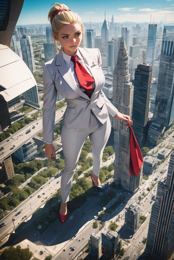 Highly detailed Giantess shot, Giantess,  blonde hair in a braided ponytail, women who are 100’s miles tall, feet dwarfing a skyscraper, big breasts, perfect gray trouser suit and form fitting crisp white shirt, thick wide and long red tie, windsor knot, high heels, very small metropolis, miniature metropolis, crush the big city, full body description, ＧＴＳ, Giga Goddess, Stomping City, crash city, micro city, High resolution, highest quality, masterpiece, 