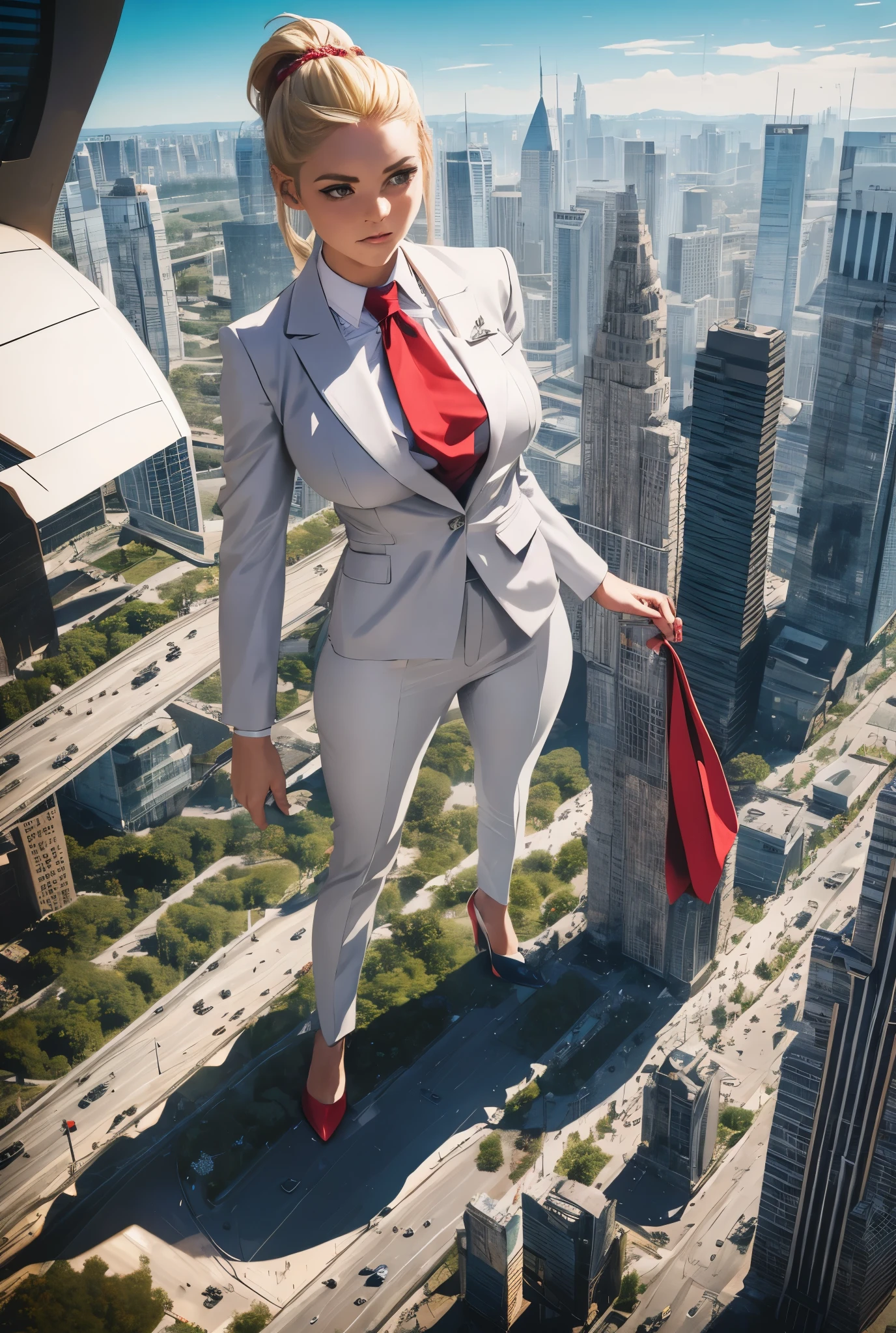 Highly detailed Giantess shot, Giantess,  blonde hair in a braided ponytail, women who are 100’s miles tall, feet dwarfing a skyscraper, big breasts, perfect gray trouser suit and form fitting crisp white shirt, thick wide and long red tie, windsor knot, high heels, very small metropolis, miniature metropolis, crush the big city, full body description, ＧＴＳ, Giga Goddess, Stomping City, crash city, micro city, High resolution, highest quality, masterpiece, 