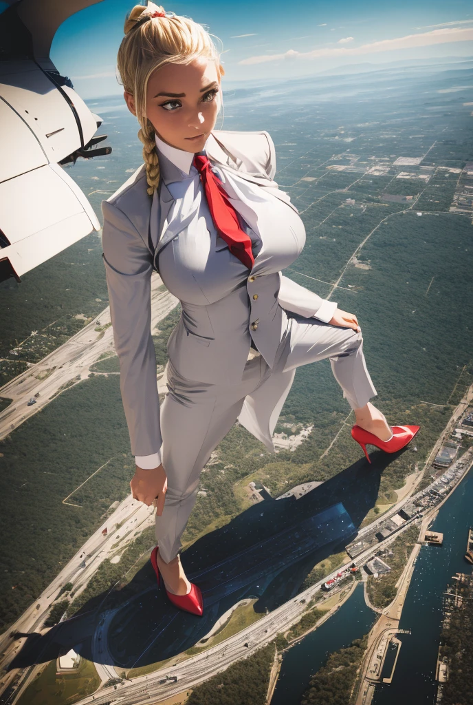 Highly detailed Giantess shot, Giantess,  blonde hair in a braided ponytail, women who are 100’s miles tall, feet dwarfing a skyscraper, big breasts, perfect gray trouser suit and form fitting crisp white shirt, thick wide and long red tie, windsor knot, high heels, very small metropolis, miniature metropolis, crush the big city, full body description, ＧＴＳ, Giga Goddess, Stomping City, crash city, micro city, High resolution, highest quality, masterpiece, 