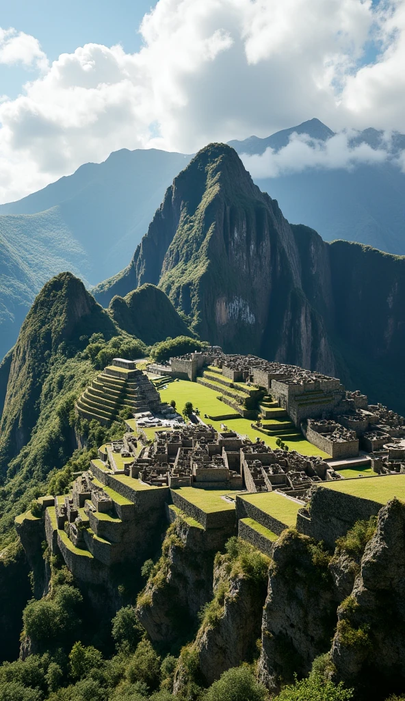 a majestic ancient inca city nestled in the peruvian andes, surrounded by lush vegetation, towering snow-capped mountains, advanced alien-like technology contrasting with the local machu picchu architecture, 8k octane render, cinematic, hyperdetailed, high quality, photorealistic