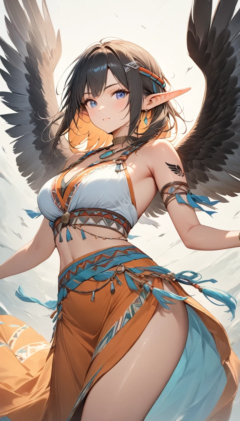 (Realistic, masterpiece, ethereal, cosmic, mirror colors background, vivid light pyramids, tree spirits falling in background, refracting light, surreal aesthetic, cinematic lighting), (1female, princess mononoke wearing red and gold mask on head, beautiful blue crystal necklace, beautiful eyes, perfect face, perfect nose, perfect eyes, gray xanthochromia eyes, white armor, chest plate, shoulder plate, intricate white plate armored, decorative sexy armor, huge breasts, large quadriceps, 6 pack abs, toned abs, muscular, skinny waist, shiny hair, shiny skin, confident stance, sexy pose, action pose, small tattoos, many tattoos, mid length bob cut) ears pierced many, sternum tattoo, tree spirit tattoos, heavy tattoo chest, heavy tattoo shoulder, heavy tattoo sternum