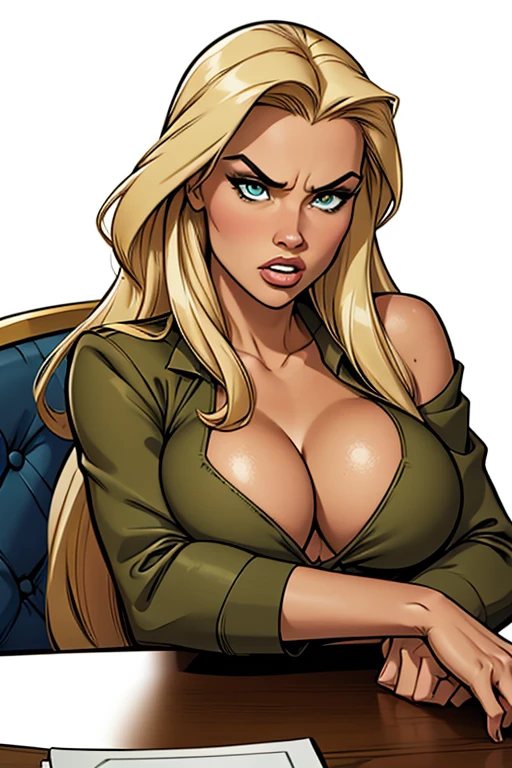 two Slim athletic women, age 45, 8k (High definition), beautiful, angry, seducing gaze, greeneyes, wearing a brown military general costume and blazer, Caucasian skin, arms positioned at the side of the body, long straight blonde hair ((at shoulder height)), sitting in a chair, at the table ((upper body)), curvy, big round breasts, holding her cleavage in her hands. High-quality Marvel style, white background.