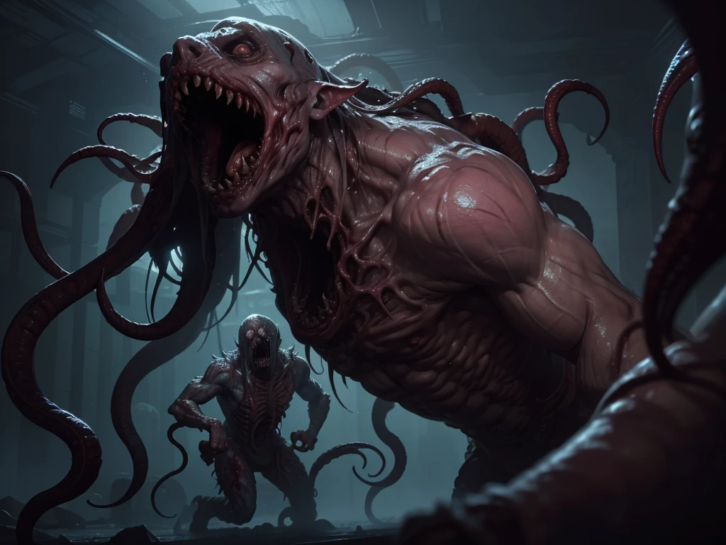 A twisted amalgamations of human and aberrant flesh that attack with relentless ferocity. Looks as if three or more humans were fused together with eldritch magic, and maws of teeth and writhing tentacles.