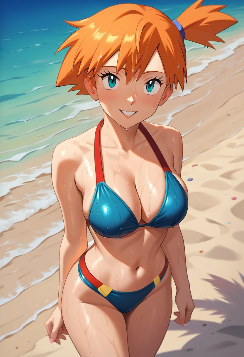 (master piece), (best quality), (8k), (ultra high resolution), (highest quality), (anime style), (best writing), (beautiful face), (masterpiece), (highest quality), (detailed beautiful face and eyes), (textile shading), (total body), (beach), 1girl, 1solo, misty \(pokemon\), orange hair, long hair, aqua eyes, curvy, beautiful girl, blue swimsuit, blue bikini, on beach, wet hair, wet skin, sweat skin, good looking, striking a pose, standing