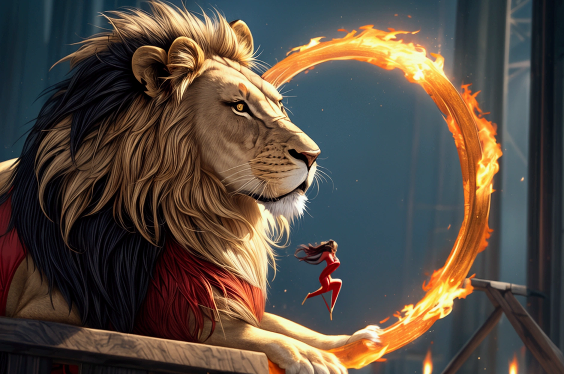 a lion holding a burning hoop for a woman to jump through it, woman wearing red and white leotard, wearing high heels, the woman jumps through the burning hoop, Wide Angle, retina, UHD, best quality, 16k, highres, high details, best details, hyp3rd3tail style