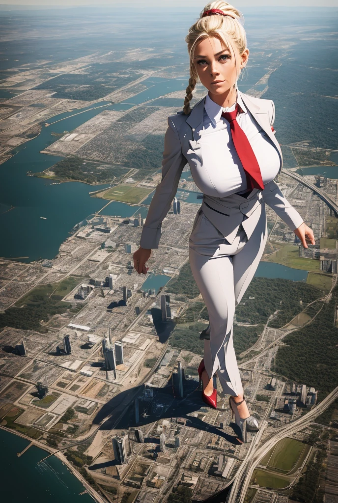 Highly detailed Giantess shot, Giantess,  blonde hair in a braided ponytail, women who are 100’s miles tall, feet dwarfing a skyscraper, big breasts, perfect gray trouser suit and form fitting crisp white shirt, thick wide and long red tie, windsor knot, high heels, very small metropolis, miniature metropolis, crush the big city, full body description, ＧＴＳ, Giga Goddess, walking on City, city, micro city, High resolution, highest quality, masterpiece, 