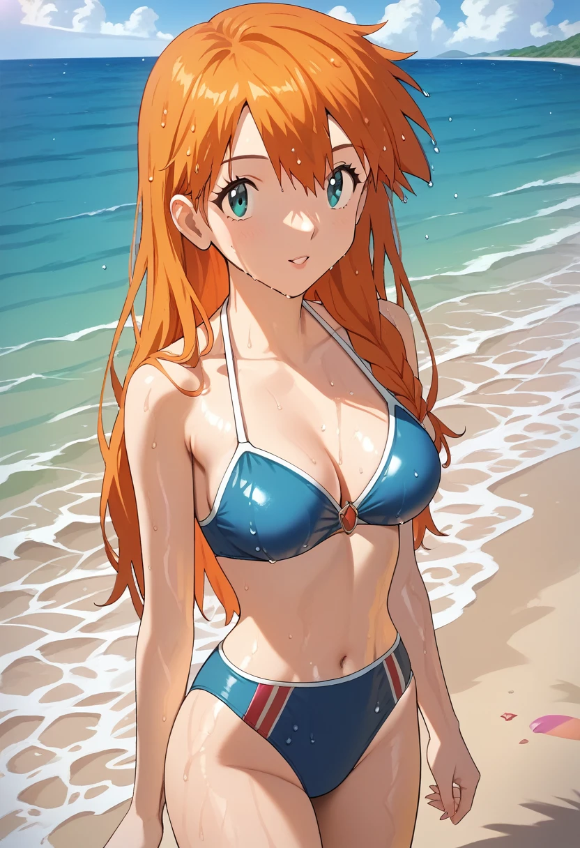 (master piece), (best quality), (8k), (ultra high resolution), (highest quality), (anime style), (best writing), (beautiful face), (masterpiece), (highest quality), (detailed beautiful face and eyes), (textile shading), (total body), (beach), 1girl, 1solo, 1girl, Mit, orange hair, long hair, aqua eyes, curvy, beautiful girl, blue swimsuit, blue bikini, on beach, wet hair, wet skin, sweat skin, good looking, striking a pose, standing