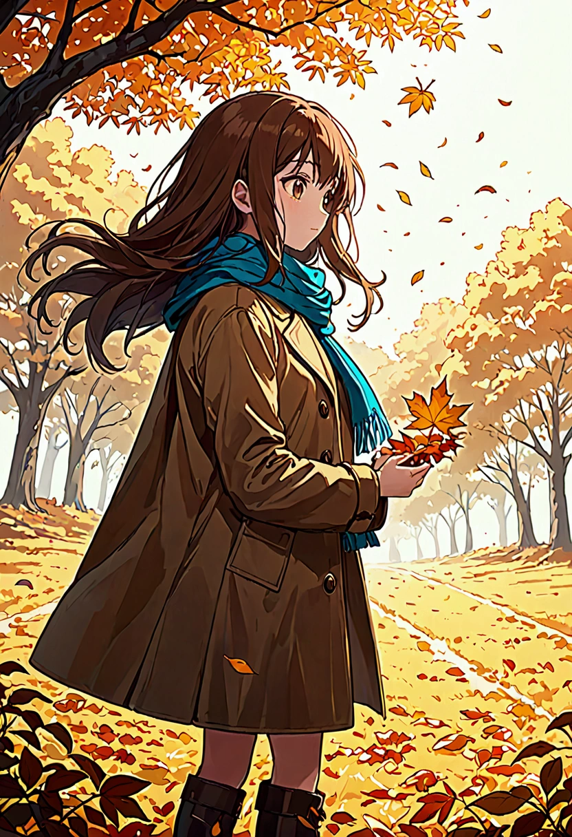 (Alone), 1 girl \(Long brown hair, cute, Autumn outfit, scarf, Coat, boots, Picking leaves\(Shining golden in the sunlight),Full Body\\),(from side:1.3), Long Hit,  simple minimalism white background, break ,quality\(masterpiece, best quality,8k, 非常に詳細なCGユニットのwallpaper,  Kampala, top-quality, top-quality real texture skin,   hyperrealistic  ,  hair on the back , RAW Photos, best quality, Advanced Details, wallpaper,Golden Ratio, High Saturation Realism, Vibrant colors,   dramatic lighting,  Compelling Storytelling , Atmospheric landscape, attractive visual effects ,  complicated details, Strong emotions,A dreamlike world\),