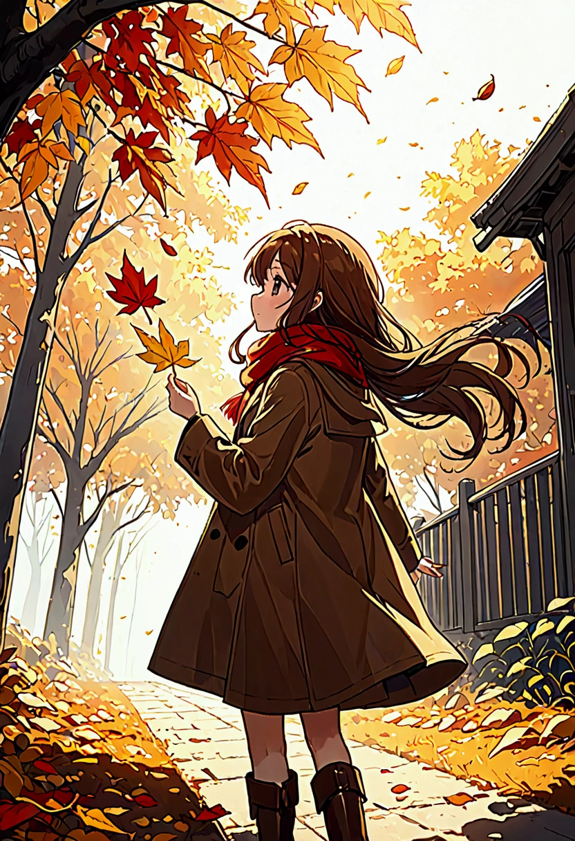 (Alone), 1 girl \(Long brown hair, cute, Autumn outfit, scarf, Coat, boots, Picking leaves\(Shining golden in the sunlight),Full Body\\),(from side:1.3), Long Hit,  simple minimalism white background, break ,quality\(masterpiece, best quality,8k, 非常に詳細なCGユニットのwallpaper,  Kampala, top-quality, top-quality real texture skin,   hyperrealistic  ,  hair on the back , RAW Photos, best quality, Advanced Details, wallpaper,Golden Ratio, High Saturation Realism, Vibrant colors,   dramatic lighting,  Compelling Storytelling , Atmospheric landscape, attractive visual effects ,  complicated details, Strong emotions,A dreamlike world\),