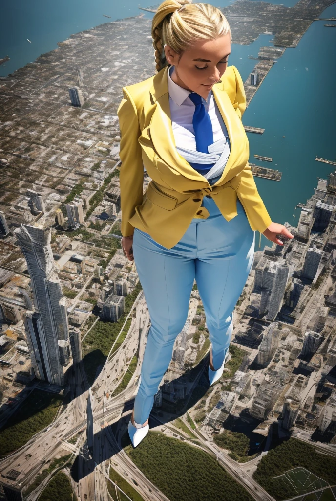 Highly detailed Giantess shot, Giantess,  blonde hair in a braided ponytail, women who are 100’s miles tall, feet dwarfing a skyscraper, big breasts, perfect dark yellow trouser suit and form fitting crisp white shirt, thick wide and long light blue tie, windsor knot, high heels, very small metropolis, miniature metropolis, crush the big city, full body description, ＧＴＳ, Giga Goddess, walking on City, city, micro city, High resolution, highest quality, masterpiece, 