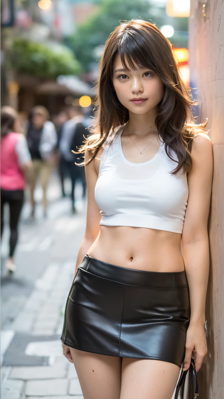 1 girl, ( blue eyes ), (smile), miniskirt 、(In the name of Mina), wide hips , tetas Big Deal s, Big Deal , ( best quality , 8k, masterpiece: 1.3), Perfect hands, clear focus : 1.2, perfect body beauty : 1.4, slim abs : 1.2, very detailed facial and skin textures , Delicate eyes, double eyelids , (Long blonde hair), (Leather tank top:1.4), (デニム miniskirt と白いパンティ :1.5), (High heels :1.3), curved permanent , dynamic poses, background Tokyo Disneyland.