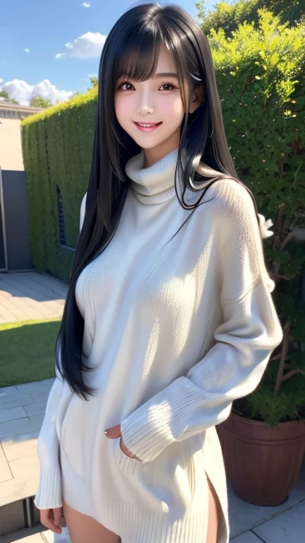  1 girl、((  virgin killer sweater ))、Blue Sky、Bright and very beautiful face、young,  shiny white skin、Great looks、Black hair that reflects light beautifully 、I have beautiful, shiny black hair、 very long silky straight hair、 long bangs 、Very beautiful、big, Clear,  Bronze eyes 、beautiful、Adorable、Beautiful girls、 allows nipples to be seen through