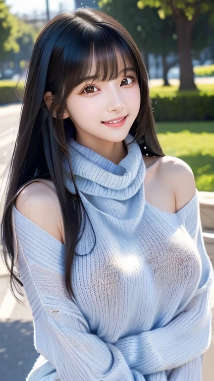  1 girl、((  virgin killer sweater ))、Blue Sky、Bright and very beautiful face、young,  shiny white skin、Great looks、Black hair that reflects light beautifully 、I have beautiful, shiny black hair、 very long silky straight hair、 long bangs 、Very beautiful、big, Clear,  Bronze eyes 、beautiful、Adorable、Beautiful girls、 allows nipples to be seen through