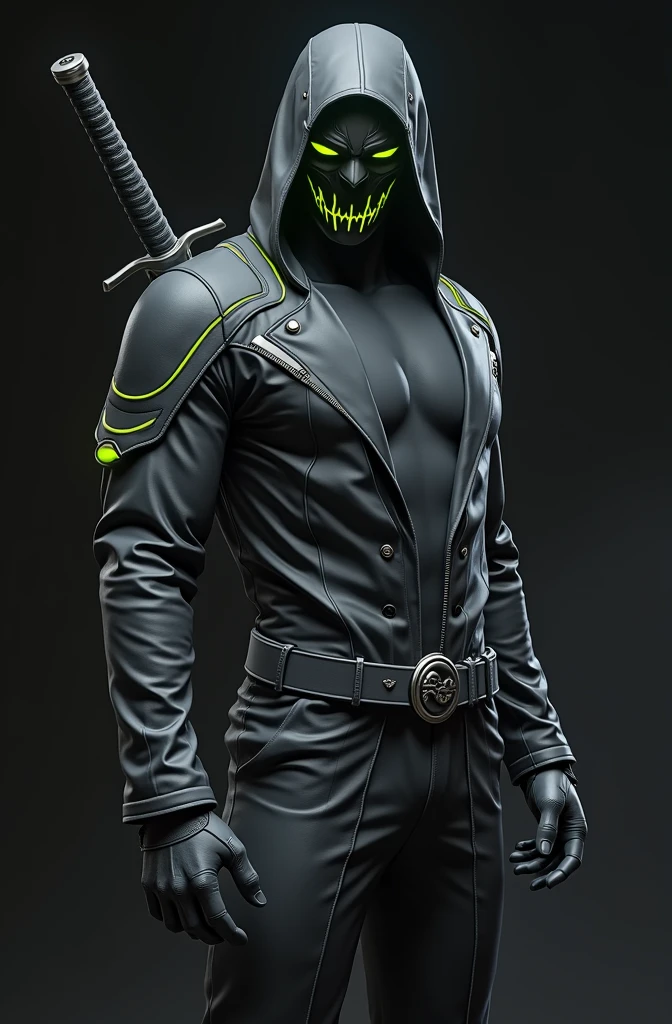 Create man/ Black Full Suit / Detailed in fluorescent green/  mask covers the entire face /  bright green eyes  / sword in the back/ sword in hand/ Tiger shadow in the background 