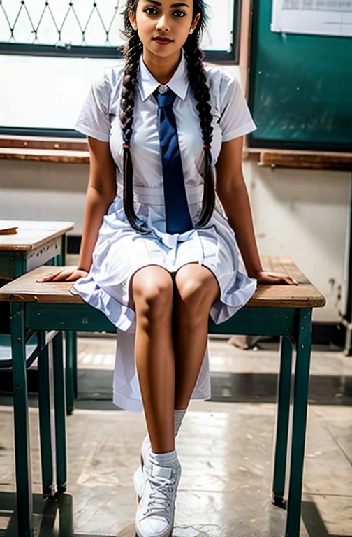 Raw photo , 1 girl  ,Wearing white frock and color tie, white shoes,  (( girl studying on on in the classroom)), with plait, biggest breasts size , professional photographer, (hdr:1.4), masterpiece, ultra-realistic 8k, perfect artwork, intrincate details, cute face, award winning photograph, (Best quality, 8k, 32k, Masterpiece, UHD:1.3) ,