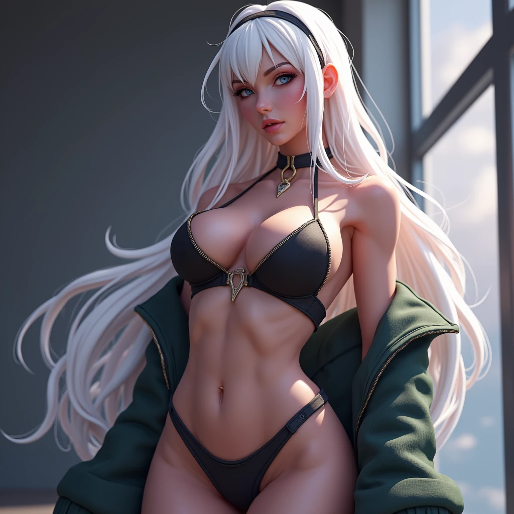NSFW. Nude. Rogue. Sexy brunette with long white streaks in her hair on a deserted beach. Masterpiece. Realistic. Detailed.