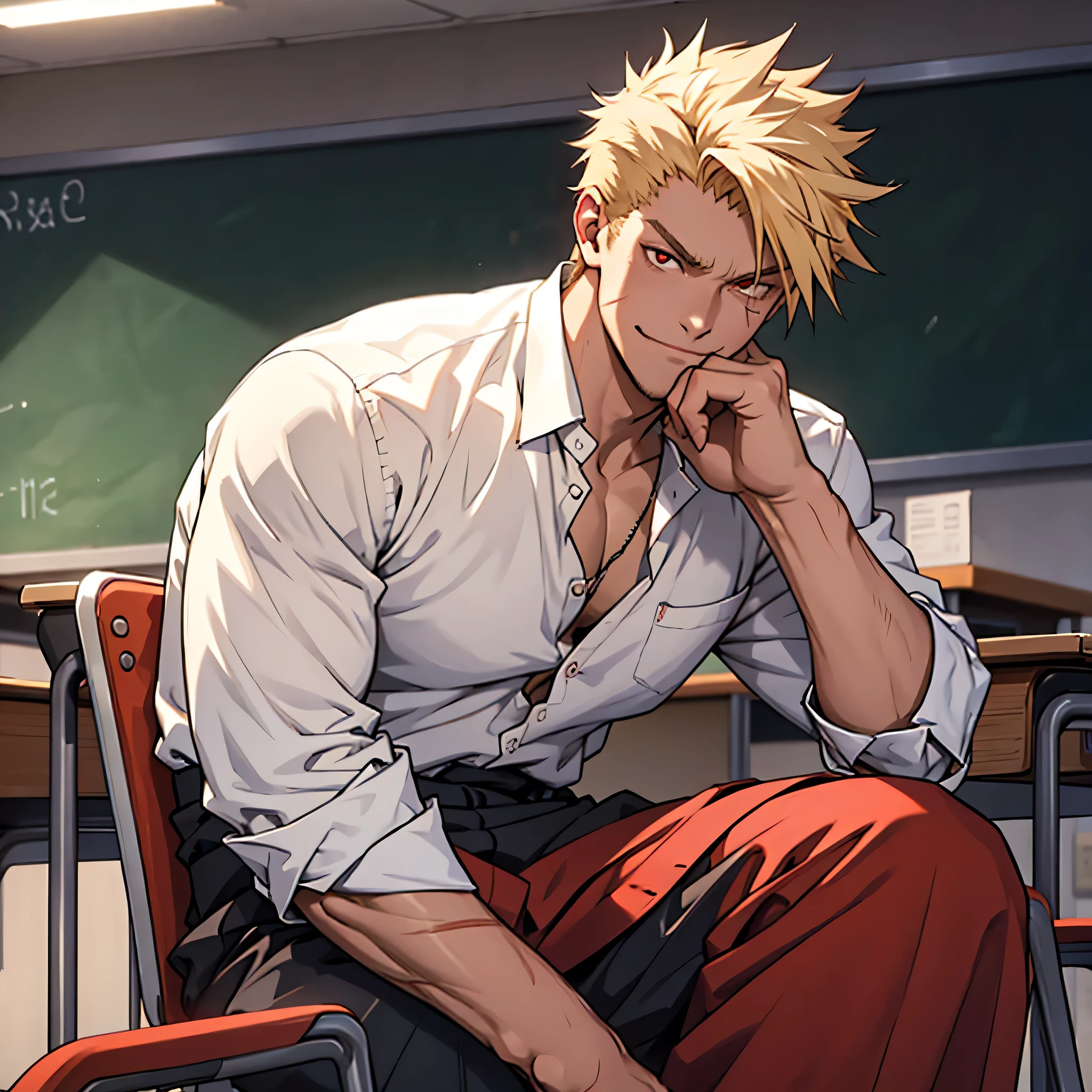 [1male] [mature, muscular] [red eyes, blonde spiky hair, scar on left cheek, scare on right side of chest] [school uniform] [sitting, looking up, smirking] [classroom setting] [someone sitting on his lap with his hand on their waist] [detail face, detail hand] 