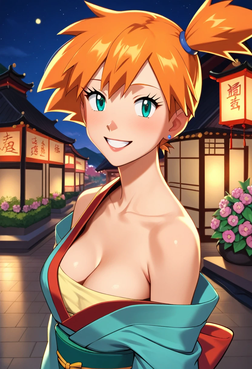 (master piece), (best quality), (8k), (ultra high resolution), (highest quality), (anime style), (best writing), (beautiful face), (masterpiece), (highest quality), (detailed beautiful face and eyes), (textile shading), (total body), 1girl, 1solo, misty \(pokemon\), orange hair, long hair,  flowers, aqua eyes, wearing traditional Japanese clothes, beautiful kimono, pretty, beautiful girl, Japanese festival at night, smile