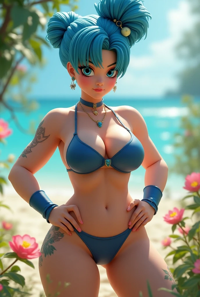 A beautiful girl tenderness happy beautiful big breast light turquoise hair round cut her blue eye wears white top yellow lace thread shows navel and her navy blue Hawaiian skirt flip flops feet