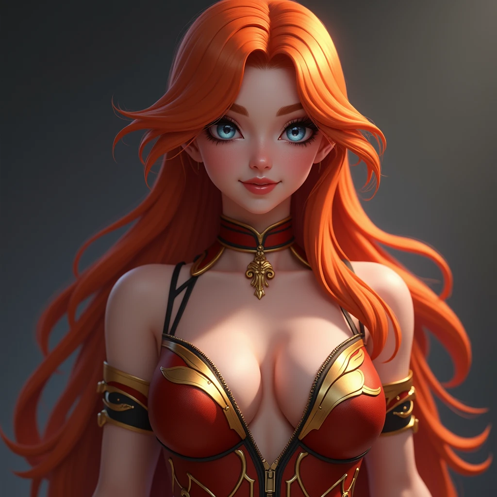 Beautiful tall woman with red hair and blue eyes, a beautiful red pout super realistic and detailed suit outfit