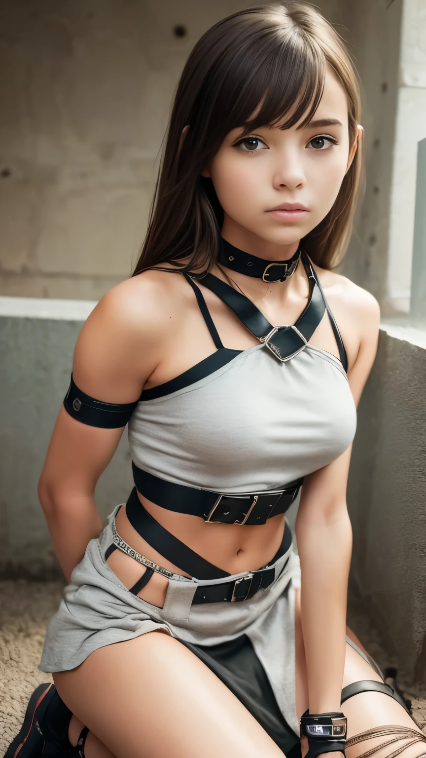 high quality, ​realistic masterpiece, american teen acress girl kneeling, legs tied, Beautiful tween girls, small skinny girls, cute girl face, cyberpunk tactical armor, Wearing cute outfit with cutouts and belts, skinny athletic body showing legs, innocent, playful vogue pose, very beautiful face, shibari, dress, skirt, halter neck, choker