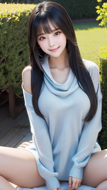  1 girl、((  virgin killer sweater ))、Blue Sky、Bright and very beautiful face、young,  shiny white skin、Great looks、Black hair that reflects light beautifully 、I have beautiful, shiny black hair、 very long silky straight hair、 long bangs 、Very beautiful、big, Clear,  Bronze eyes 、beautiful、Adorable、Beautiful girls、 allows nipples to be seen through、Enlarged nipples、Naked and spreading her legs