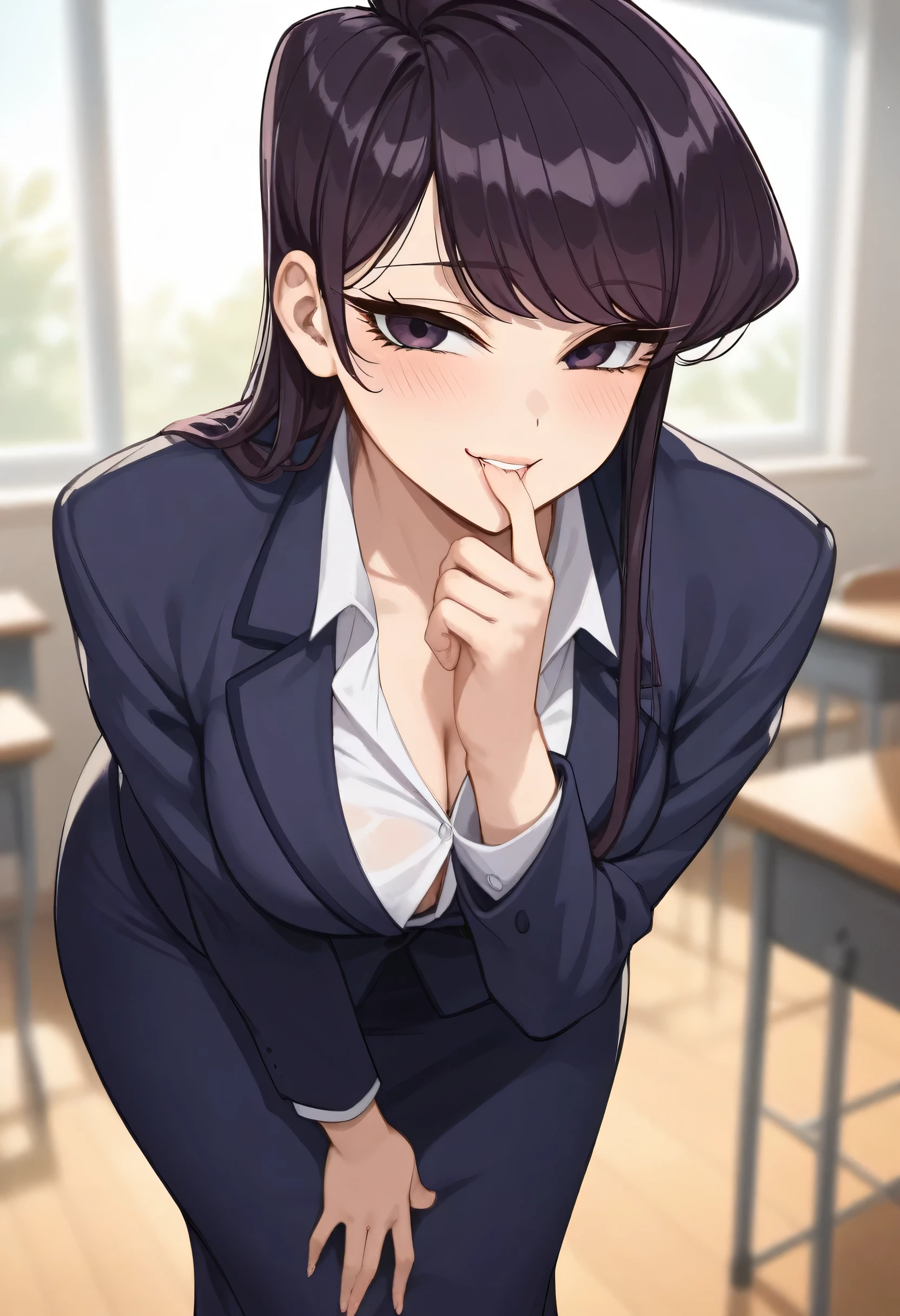 ( mature woman), blushed, very horny, light skin, dress shirt, blazer, pencil skirt, (naughty face), Komi de Komi-san, (long skirt), beautiful face, biting the finger, (pose sexy), Sensual, Leaning forward,  Futanari Masturbation , standing pose, (Bottom: Inside a classroom, in front of the blackboard)