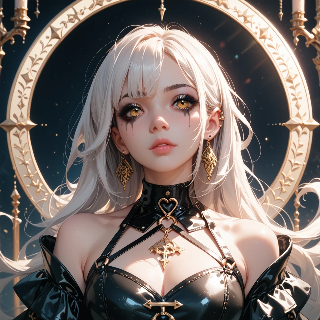 1woman, LONG black hair and white hair, yellow eyes, golden accessoires and piercings, e-girl makeup, goth clothes, gold and black tarot backdrop