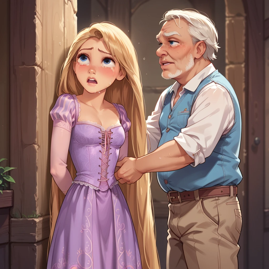 1girl ,rapunzel,,skinny, beautiful, blue eyes, dress, crying, fucked by old man, ((having sex)), standing