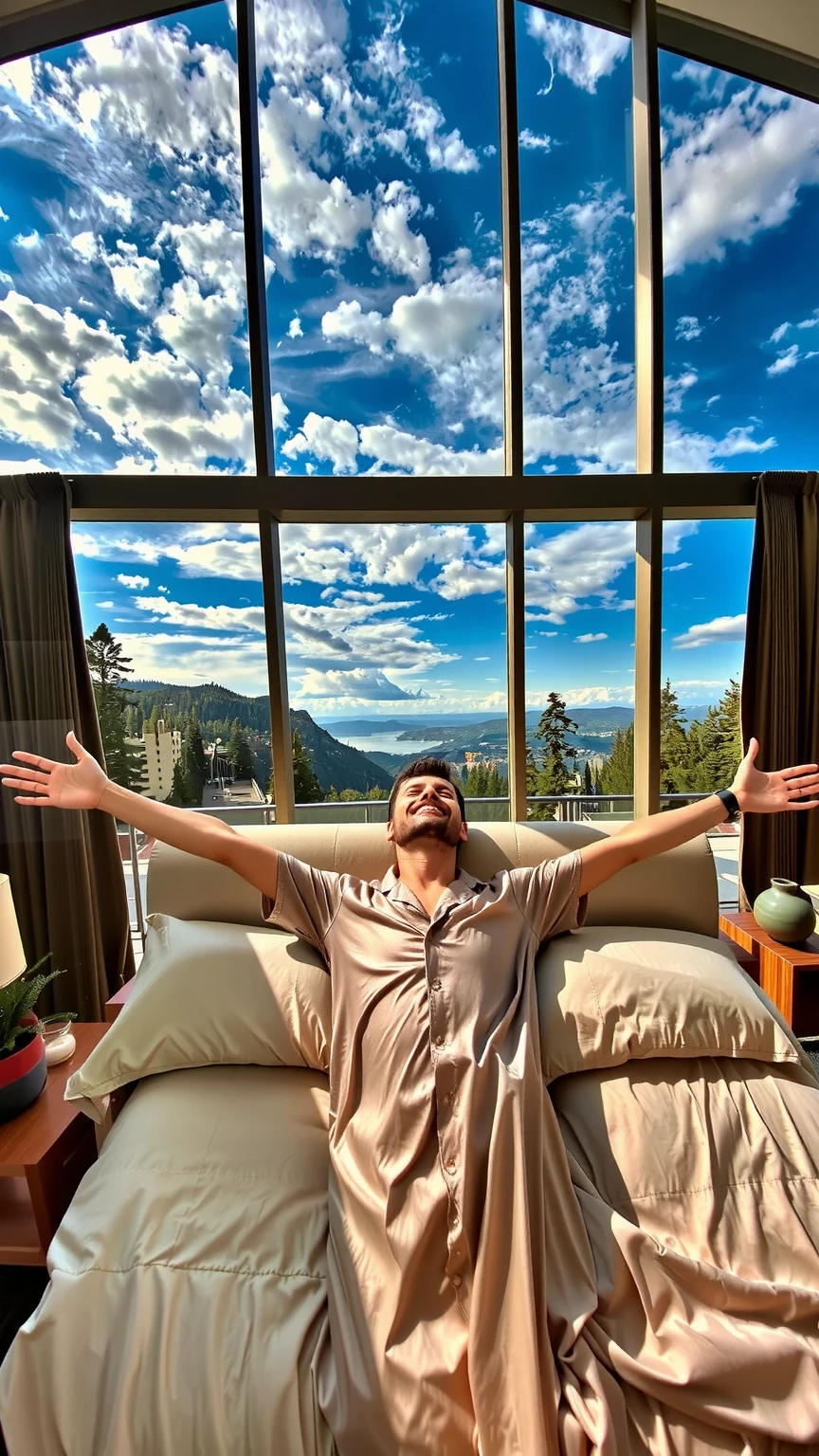 Hyperrealistic top-down cinematic view from the ceiling, capturing a man joyfully awakening in an expansive king-size bed. Dressed in luxurious silk pajamas, his face—perfectly detailed without deformities—radiates pure bliss with closed eyes and a warm, genuine smile. He stretches his arms wide across the pristine white bedding that elegantly drapes over the oversized mattress. The grand, contemporary bedroom features soaring ceilings, floor-to-ceiling windows flooding the space with golden morning sunlight, and an azure sky with wispy clouds outside. Modern design elements, warm wood accents, plush textures, and subtle lighting add to the serene atmosphere. Shot in stunning 8K, with masterful lighting highlighting every detail, from the silk's creases to his hair and the room’s rich architectural details