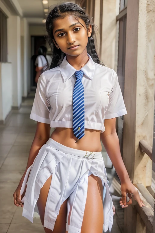 Raw photo, two beautiful Sri Lankan teen schoolgirls, (12_years_old:1.7), nipple outline,  with plaited hair, (skirt lift, white panties:1.6), in a school walkway in a joyful happy mood, wearing white frocks and blue color ties, white shoes, with school backpacks, professional photographer, (hdr:1.4), masterpiece, ultra-realistic 8k, perfect artwork, intricate details, cute face, award winning photograph, (Best quality, 8k, 32k, Masterpiece, UHD:1.3)
