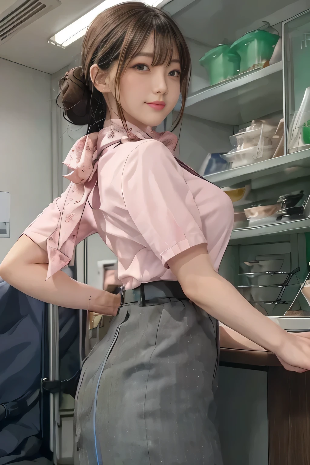 (masterpiece:1.2, Best Quality:1.2), 32K HDR,  Kampala, (Alone、 1 girl)、（on board、 Professional Lighting）、In-flight background、（ANA cabincrew uniform pinkを着たリアルスタイル）、（（ANA cabincrew uniform pink short sleeve blouse 、 ANA cabincrew uniform pink skirt with blue line on the back、Scarf around the neck））、 dark brown hair、（ long hair、Hair tied up、 summary hair ）、 dark brown hair、 LONG SHOT 、Big Breasts、Thin legs、（（Great hands：2.0）），（（ Harmonious Body Proportions：1.5）），（（Normal limbs：2.0）），（（Normal finger：2.0）），（（Delicate eyes：2.0）），（（Normal eyes：2.0））)、smile、（ANA cabincrew uniform pinkを見せた美しい後ろ姿）、Hands clasped underneath