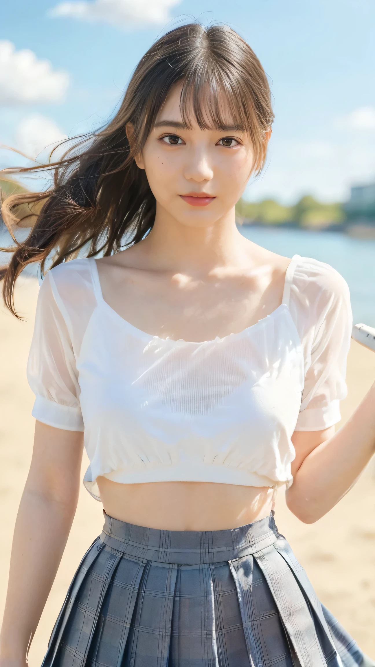 One Girl、beautiful、 meticulous eyes and face for reliable gaze、barefoot、 cute Japanese girl covering her ears, (( extremely accurate anatomy:1.0)), (photo Realistic:1.4), (hyper Realistic:1.4), (Highest quality realistic skin texture:1.4), (Improved quality:1.4), ( enhances the beauty of skin texture:1.1), Clean, glowing skin, mesh, thin:1.2, (Realistic:1.3), Realistic Lighting , ( Smoother lighting :1.05), (Improving the quality of cinema lighting:0.9), Backlight, A gentle light for your face, ray tracing, ( bright light:1.2), 32K, one Japanese woman, fine grain, Detailed face, ( FILM GRAIN:1.1),( emphasizes body lines :1.1), Kampala , natural look , Kind eyes, Improves hair quality, Subtle light and dark, Transparent muscles, Graceful Posture, Beautiful eyes, sharp details, Soft light reflection, Beautiful contour, Delicate skin tones, Thin hair type, Natural background, (((Sunny Day、School Area、 strong wind is blowing in front of the river 、 Her hair and skirt are fluttering、 School Shirt、 pleated skirt 、stroll:1.25、Sunshine、sunny、stage、 blue sky and white clouds 、The joy of youth、 see-through shirt 、Bra is transparent)))、