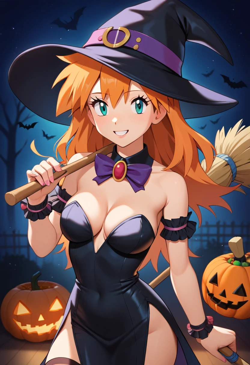 (master piece), (best quality), (8k), (ultra high resolution), (highest quality), (anime style), (best writing), (beautiful face), (masterpiece), (highest quality), (detailed beautiful face and eyes), (textile shading), (total body), (Halloween theme), 1girl, 1solo, misty \(pokemon\), orange hair, long hair, aqua eyes, witch hat, beautiful girl, good looking, striking a pose, standing, Pink and black witch costume, black and pink striped socks, flying broom in hand, trick or treat