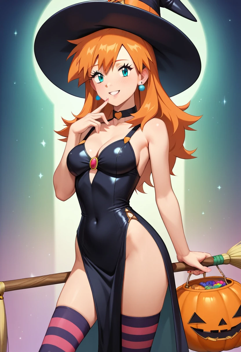 (master piece), (best quality), (8k), (ultra high resolution), (highest quality), (anime style), (best writing), (beautiful face), (masterpiece), (highest quality), (detailed beautiful face and eyes), (textile shading), (total body), (Halloween theme), 1girl, 1solo, misty \(pokemon\), orange hair, long hair, aqua eyes, witch hat, beautiful girl, good looking, striking a pose, standing, Pink and black witch costume, black and pink striped socks, flying broom in hand, trick or treat