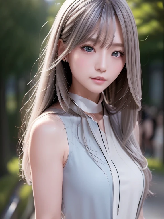 (masterpiece,  best quality : 1.2), (( Yan Photo)), ( upper body), ( portrait), Advanced Face Detail, (Silver-haired woman), ((Blue Eyed Woman)),  long shiny hair,  very detailed facial and skin textures , White and shiny skin, Elegant face, Elegant young woman,  Natural Wave Hair 、(rain、Main Street:1.2)、( wet body:1.1)、 very detailed facial and skin textures 、 Detailed eyes、double eyelid、sexy、 see here、Broadleaf forest during daytime、 It was as if the luster was cheering for her